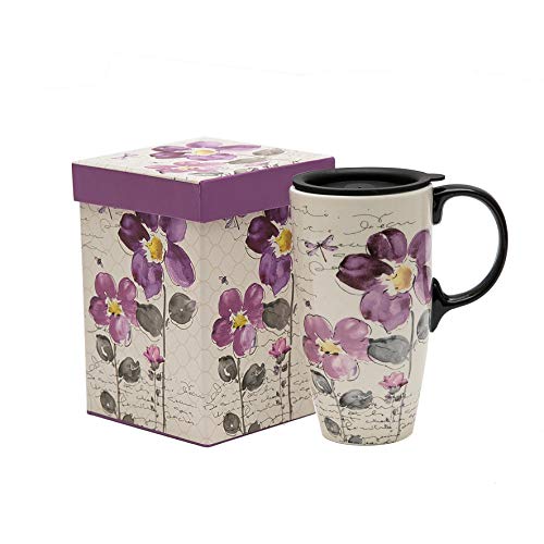 DUSVALLY Tasse à café en céramique avec couvercle Tasse en porcelaine avec boîte, 500 ml Fleurs violettes Cover