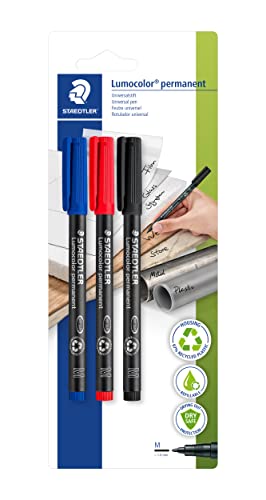 Staedtler Lumocolor Permanent 317 BK3D - Blister con 3 Rotuladores permanentes punta M de 1 mm aprox. colores negro, azul y rojo