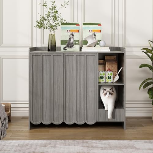 Large Cat Litter Box Enclosure, Hidden Litter Box Furniture with Removable Litter Collector & Dog-Proof Shelf, Modern Wooden Cat Litter Box Cabinet, Cat House, Side Table, Grey