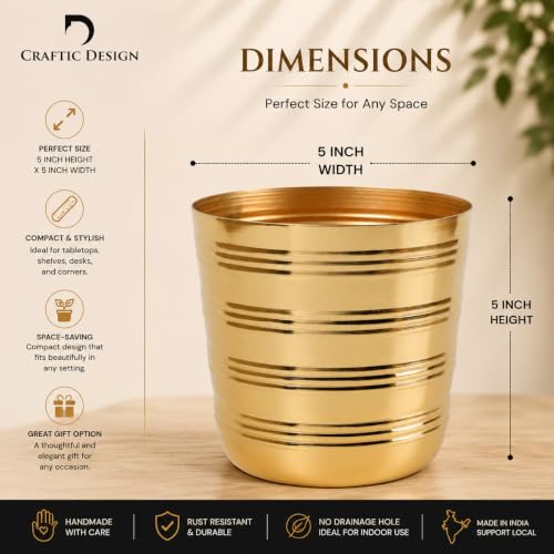 Image of Gold Ribbed Metal Planter Pot Decorative Indoor Flower Planter for Living Room & Tabletop Tabletop Home Decor Gifting (5 inch,Gold)