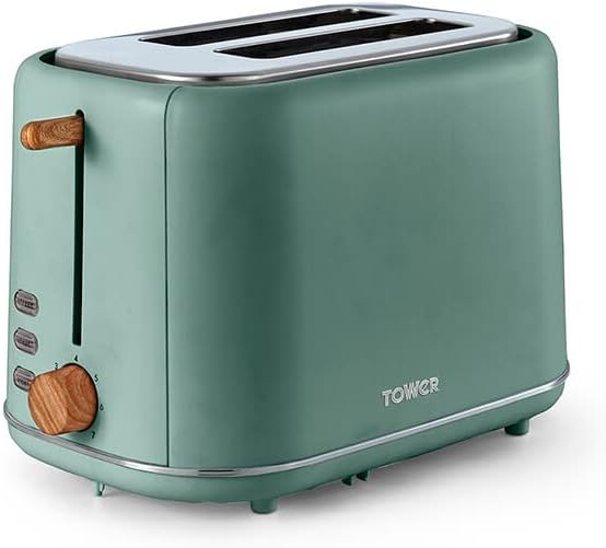 TOWER T20027JDE Scandi 2 Slice Toaster with Adjustable Browning Control, Centring Function, 800W, Jade Green