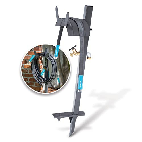 Aqua Joe SJ-SHSBB3LIH Garden Hose Stand with Brass Faucet and 3 ft Lead in Hose Gray
