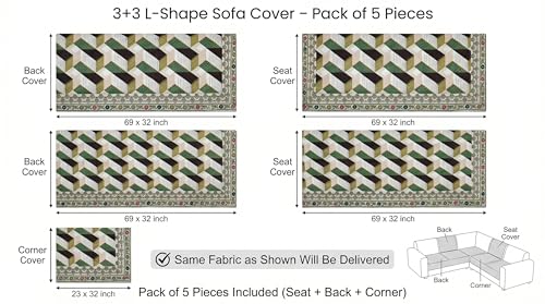 Image of Luxury Sofa Cover L Shape 6 Seater with Matching Cushion Cover 16x16 inch - Royal Green Chevron 3+3 Seater (6 Seater) Quilted Sofa Cover Set Pack of 11, Washable, Green Multicolor
