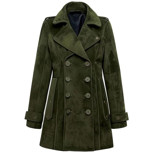 Salaar & Co Women's Olive Green Genuine Suede Double-Breasted Slim-Fit Knee-Length Trench Coat with Belt and Lapel Collar
