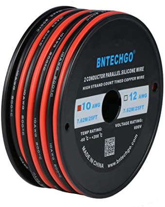 BNTECHGO 10 Gauge Flexible 2 Conductor Parallel Silicone Wire Spool Red Black High Resistant 200 deg C 600V for Single Color LED Strip Extension Cable Cord,Model,25ft Stranded Copper Wire