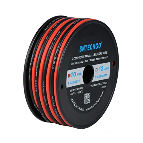 BNTECHGO 10 Gauge Flexible 2 Conductor Parallel Silicone Wire Spool Red Black High Resistant 200 deg C 600V for Single Color LED Strip Extension Cable Cord,Model,25ft Stranded Tinned Copper Wire