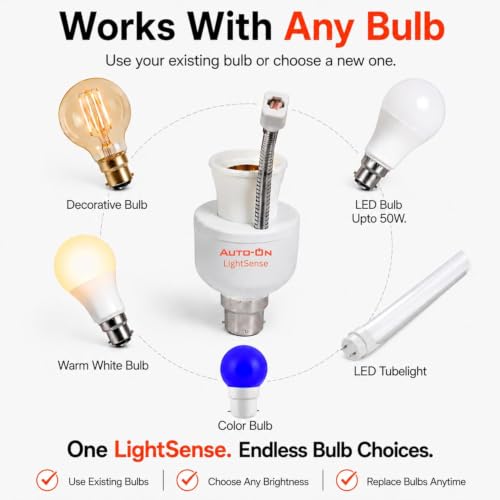 Image of Auto-ON LightSense Automatic Day /Night Sensor Holder, B22 Base, Auto ON at Night & OFF in Daylight, Flexible Sensor Design, for Outdoor Lights (One Year Warranty) (Made in INDIA) Pack Of 2