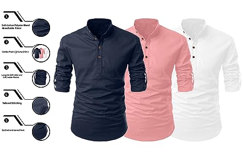Image of FINIVO FASHION Combo of Men's Cotton Blend Solid Regular Fit Full Sleeve Straight Short Kurta Shirt, Casual and Formal Wear