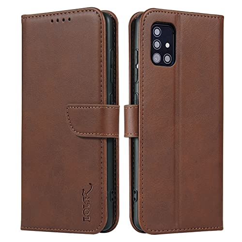 LOLFZ Wallet Case for Samsung Galaxy A51, Vintage Leather Book Case with Card Holder Kickstand Magnetic Closure Flip Case Cover for Samsung Galaxy A51 - Coffee Brown