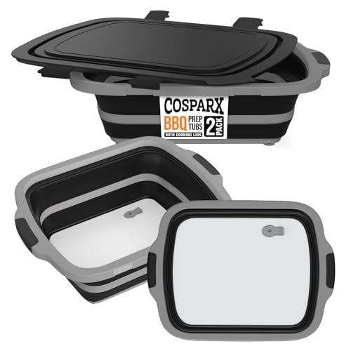 2-Pack XL Collapsible BBQ Prep Tub with Built-In Cutting Board, Lid & Strainer – Marinate, Drain & Prep – Large Food-Safe Container – Perfect for Grilling, Smoking & Outdoor Cooking (Black)