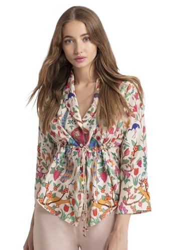 Image of SHAYE Cream Casual Long Sleeves V-Neck Floral Printed Satin Top for Women
