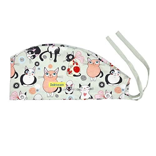 Image of Hats for Women and Mens Caps with Sweatband Adjustable Tie Back Working Cap Cotton One Size Unisex Skull Cap Cute Cat Print
