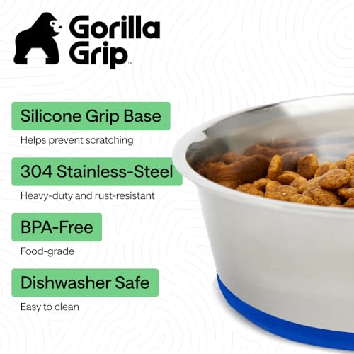 Image of GORILLA GRIP Dog Bowls, Food Grade 304 Stainless Steel, Holds 2 Cups Each (16 fl oz) Food and Water Bowl for Feeding Dogs and Cats, Dishwasher Safe, Rust Resistant, BPA Free Rubber Base Set of 2 Blue