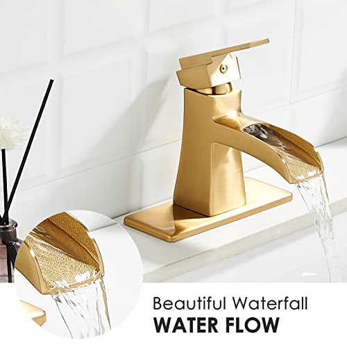 Brushed-Gold-Bathroom-Faucet-Single-Hole-Modern-Waterfall-Bathroom-Sink-Faucet-Single-Handle-Bathroom-Vanity-Faucets-with-Pop-Up-Drain-and-6-Inch-Deck-Plate-Champagne-Bronze Brushed Gold Bathroom Faucet Single Hole Modern Waterfall Bathroom Sink Faucet Single Handle Bathroom Vanity Faucets with Pop Up Drain and 6 Inch Deck Plate Champagne Bronze