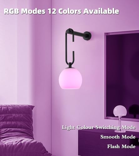 Image of Glass Globe Wall Sconces Set of 2, Battery Operated Wall Light with Remote, Indoor Wireless Wall Lights with Dimmable 12RGB Colors Light Bulbs for Bedroom Living Room Hallway(Black)