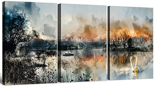 BARSSETEL Abstract Canvas Wall Art for Living Room, Modern Gray Black Watercolor Lake Landscape Forest Painting Artworks Picture for Bedroom Kitchen Office Home Wall Decorations