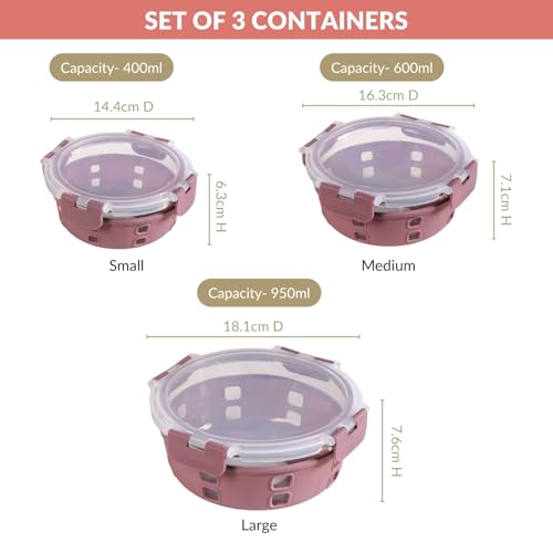 Image of Nestasia Gripso Glass Containers Set of 3 (400ml, 600ml, 950ml) with Silicone Sleeve & Locking Lid, Microwave, Dishwasher & Freezer Safe Round Food Storage Containers (Mauve)