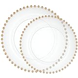 PLASTICPRO 32 Piece Combo Plastic Dinner Plates Disposable Plastic Fancy Heavy Duty Party Dishes 7 inch and 10 inch, Clear and Gold Beaded