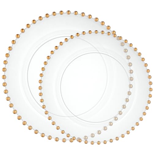 PLASTICPRO 32 Piece Combo Plastic Dinner Plates Disposable Plastic Fancy Heavy Duty Party Dishes 7 inch and 10 inch Clear and Gold Beaded
