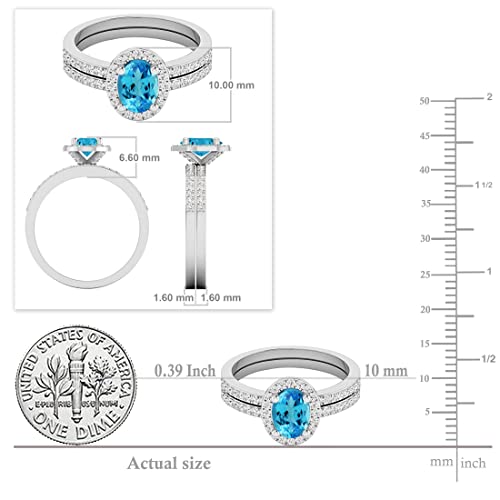 Dazzlingrock Collection 7X5Mm Oval Blue Topaz & Round White Diamond Halo Style Engagement Ring Set For Her In 14K White Gold Size 8 #TOP4