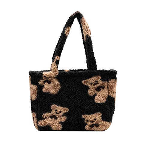 Kagodri Süße Plüsch-Bär-Tasche, Damen Lammstoff, One-Shoulder-Tragetasche, Winter, weich, lässig, eine Schulter Messenger Bag, WOXVJA2431806, Schwarz, WOXVJA2431806 Cover