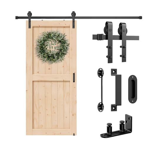 Arti-Life Barn Door Hardware Kit 5FT Heavy Duty Sliding Door Track Kit with Floor Guide and 2 Handles with Lock Smoothly Hardware Kits for Interior Exterior Fit 28-30 Wide Panel (J Shape Hanger)