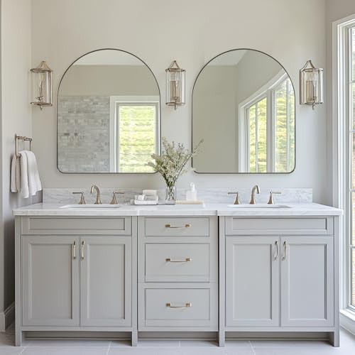 Image of ANDY STAR Arched Mirror, 30 x 36 Inch Brushed Nickel Wall Mirror in Stainless Steel Metal Frame, Arch Top Rounded Corner 1 Inch Deep Set Design Wall Mount Hangs Vertical