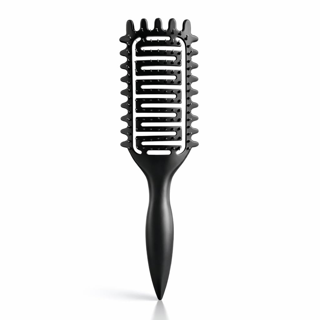 Curl Defining Brush for Curly Hair, Vented Detangling Hair Brush for Wet and Dry Styling, Curved Brush for Shaping and Smoothing Curl Clumps, Lightweight Hair Brush （Black）