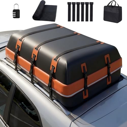 QQ CAT Coffre de Toit Voiture Souple 570L, Sac de Toit 100% Imperméable PVC, Rangement Bagage Voyage, Tapis et 6 Crochets Inclus, pour SUV/Voitures avec ou sans Barres de Toit