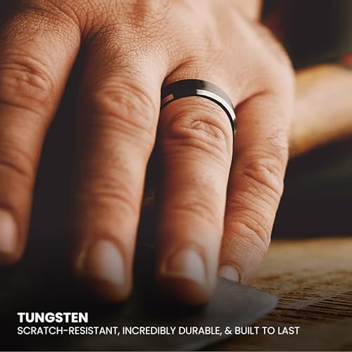 Manly Bands: Mens Black Plated Tungsten and Black Zirconium Wedding Bands and Rings - Comfort Fit and Stylish Black Rings for Men, Free Silicone Ring Included4