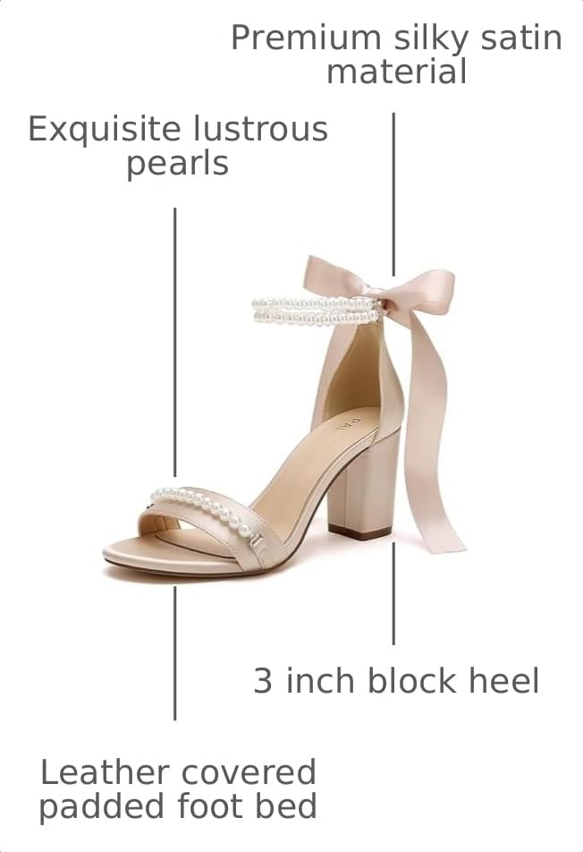 Image of Block Heel Wedding Sandals Pearl Wedding Shoes for Bride Open Toe Bridal Shoes Chunky Heel Sandals