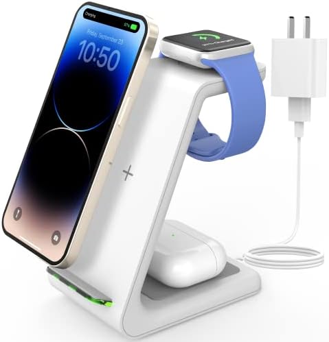 JoyGeek Wireless Charging Station, Wireless iPhone Charger, 3 in 1 Charging Station for Apple iPhone 14/13/12/11/SE/X/8 Series, iWatch 8/SE/7/6/3, AirPods 2/3/Pro - White