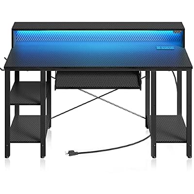 Rolanstar Computer Desk with LED Lights & Power Outlets, 54β Gaming Desk with Storage Shelves, Home Office Desk with Keyboard Tray & Monitor Stand, with Hooks, Carbon Fiber Surface Black