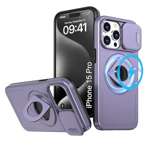 Image of LuxuryKase MagSafe Shockproof Rugged Back Case for iPhone 15 Pro | Finger Ring Kickstand & Sliding Camera Cover | Military Drop Protection | Wireless Charging Support - Purple