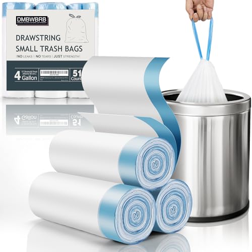 DMBWBRB Drawstring 4 Gallon Trash Bag 51 Counts Tear-Free & Leakproof Small Trash Bags Unscented Small Garbage Bags 15 Liter Mini Wastebasket can Liners for Bathroom Bedroom Office