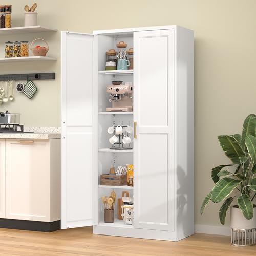 TIMELESS PIECES 71\" Tall Kitchen Pantry Storage Cabinet, White Freestanding Cupboard Cabinet with 2 Doors and 4 Adjustable Shelves for Diningroom, Bathroom Kitchen, Laundry,Living Room - Thumbnail 2