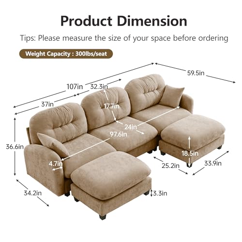 Image of KEIKI 107 inch U-Shaped Oversized Chenille Modular Sectional Sofa with 2 Ottoman, High-Density Foam Cushions, Tufted Pleated Cushion Backrest, Modern 3-Seater Couch with 2 Pillow, for Living Room, Camel