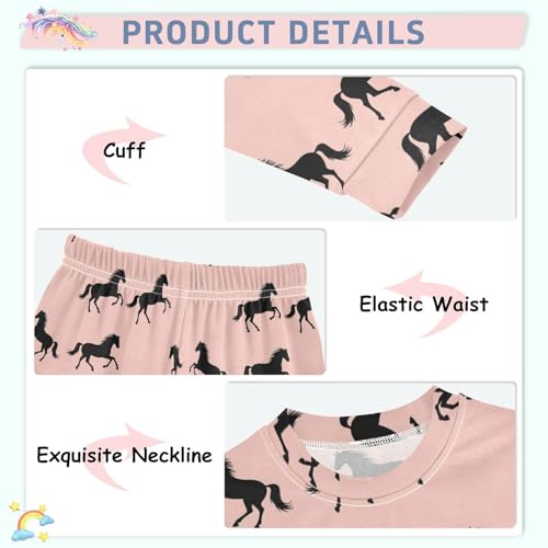 Pajama Sets Long Sleeve Black Horses on Pink Soft Comfy Sleepwear 2 Piece PJS 3-8T4