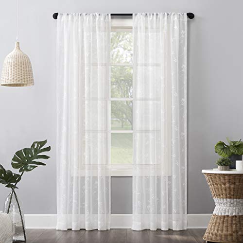 No. 918 Delia Embroidered Floral Sheer Rod Pocket Curtain Panel, 50" x 84", Ivory Off-White, W 50" x L 84" (1 Panels)