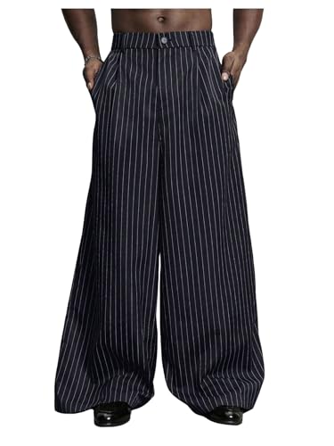 OYOANGLE Men's Striped Wide Leg Pleated Pants Zipper Fly Baggy