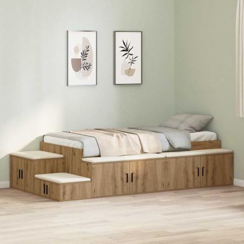 vidaXL Bett mit Stauraum mit Tür Artisan-Eiche 244 x 118 x 53.5 cm, Schlafzimmer Aufbewahrung, modernes Bettgestell, rechteckiges Design, vielseitige Möbel, platzsparend!