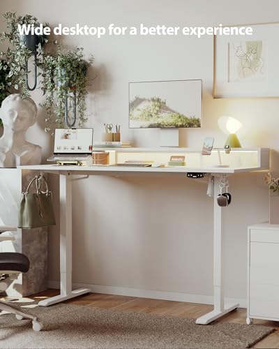 Image of Agilestic 55 x 24 Inch Electric Standing Desk with Shelf, Height Adjustable Desk with Power Outlets & LED, Sit Stand Up Table with Monitor Stand, Computer Workstation, White