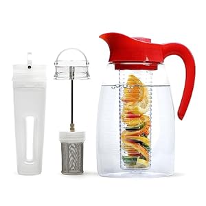 Primula Flavor-It Beverage System, Includes Large Capacity Fruit, Tea Infuser, Chill Core, Dishwasher Safe Pitcher, 2.9-Quart, Red