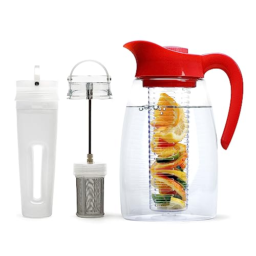 Primula Flavor-It Beverage System, Includes Large Capacity Fruit, Tea Infuser, Chill Core, Dishwasher Safe Pitcher, 2.9-Quart, Red