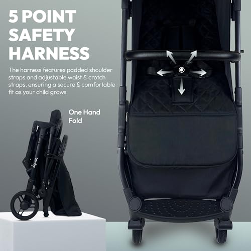 Bonbe Baby Stroller & Pushchair - Foldable Travel Pram in Black, 5-Point Harness, Hold 22kg - Adjustable Seat, Cabin-Size Buggy, Strollers for Toddlers Up to 4 Years, Under-Seat Storage Bag Baby Pram - Image 5