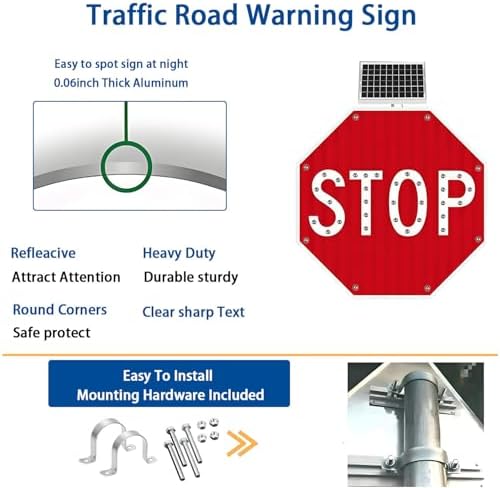24in Solar-Powered Aluminum Traffic LED Warning Sign - Flashing Stop Sign for Schools & Hospitals - Bright LED Lighted Road Safety Signage