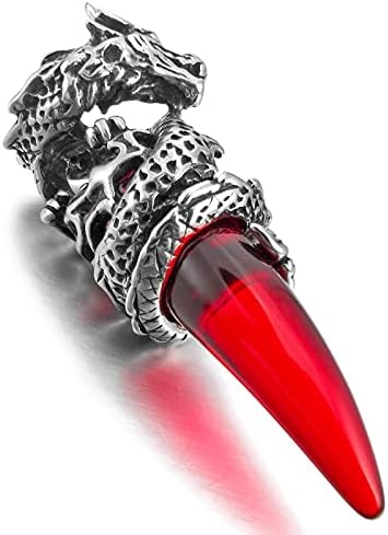 INBLUE Dragon Wolf Tooth Pendant for Men Boys Women Stainless Steel Cool Necklaces Simulate Crystal Gemstone Boyfriend Gifts Jewelry with 23 Inches Chain (Dragon, Red)