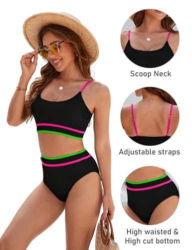 Image of BMJL Women's High Waisted Bikini Ribbed Two Piece Swimsuit High Cut Color Block Adjustable Straps Bathing Suit