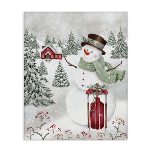 Cheerful Snowman Red Sleigh, 24 x 30 Inch Canvas Wall Art