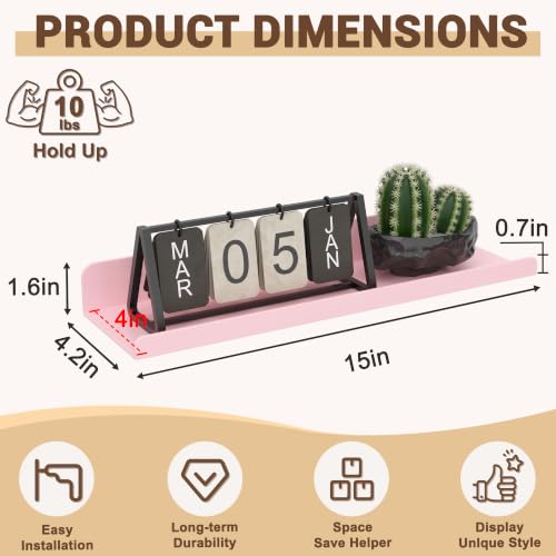 Image of Qukaka Floating Shelves for Wall Decor, 15 inch Wall Shelves for Bedroom, Living Room, Kitchen, Bathroom Decor, Nail Polish /Book /Decoration /Makeup /Perfume Organizer Floating Shelf-3Pack Pink
